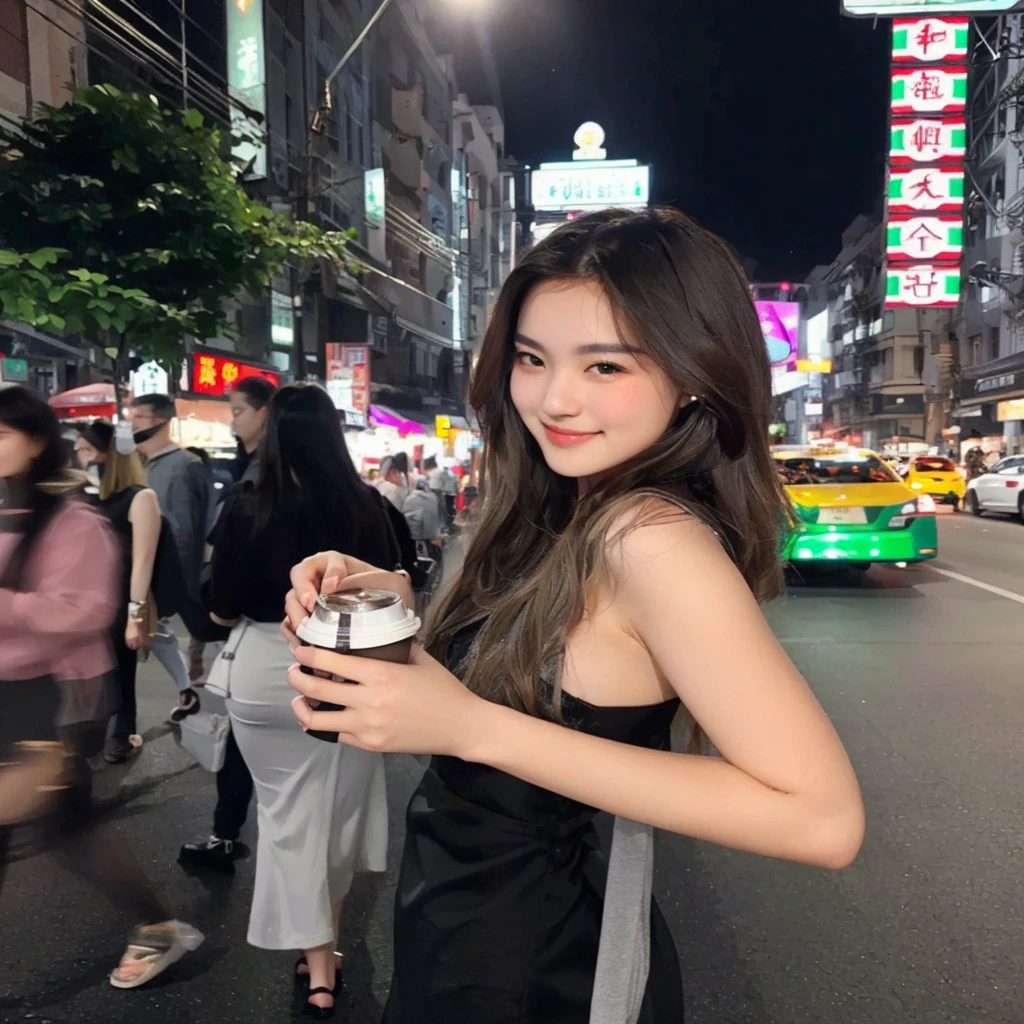 woman in black dress holding a cup of coffee on a city street, 18 yo,