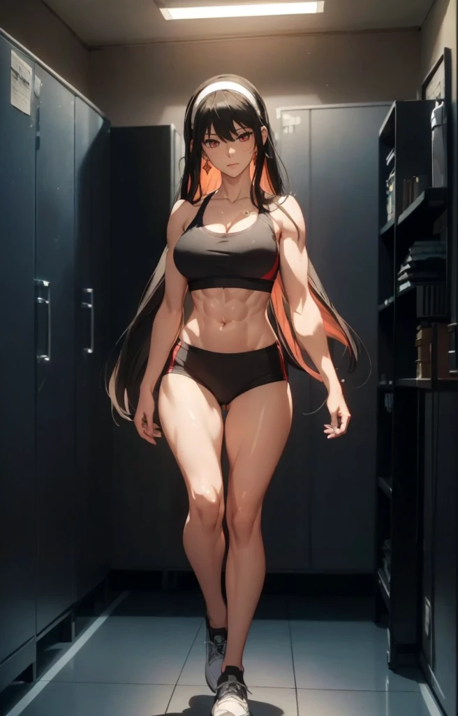 ((1girl, solo)), beautiful body, (perfect anatomy, perfect body, perfect hands, perfect legs), natural proportions, sexy body, large breasts, ((abs)), (((muscular female))), ((full body, full body front)) BREAK
((extremely detailed face)), (beautiful detailed eyes:1.6), (realistic pupils, realistic iris:1), expressive eyes, looking at viewer, (clear eyes:1.3), (hyperrealistic:1.2), (detailed skin texture:1.2), smooth skin, yor briar, (red eyes:1.5), (black hair:1.5), long hair, hairband, (white hairband:1.3), sidelocks, bangs, ((mature female)), ((little smile)), (detailed lips:1.2), (attractive lips:1.1), (glossy lips:1.1), (parted lips), perfect face, perfect eyes, earrings BREAK
((sports bra)), buruma, (ass visible through thighs), shoes, (black sportswear), black shorts, midriff BREAK
(masterpiece:1.5), anime-style, top quality, best quality, (beautiful and aesthetic:1.2), (ultra detail:1.5), Ultra-detailed depiction, Ultra-precise depiction, extremely detailed 8k illustration, high resolution, (highly detailed shading:1.2), (realistic lighting:1.4), perfect lighting, vibrant colors, dynamic tones, striking hues, 8k, absurd resolution, perfect shadows, hdr, UHD, ambient lighting, realistic, ultra-realistic, photo realistic, highly detailed, rich detail, luminous colors, fine texture, intricate design, professional illustration, (soft light:1.2), (illustration:0.7)