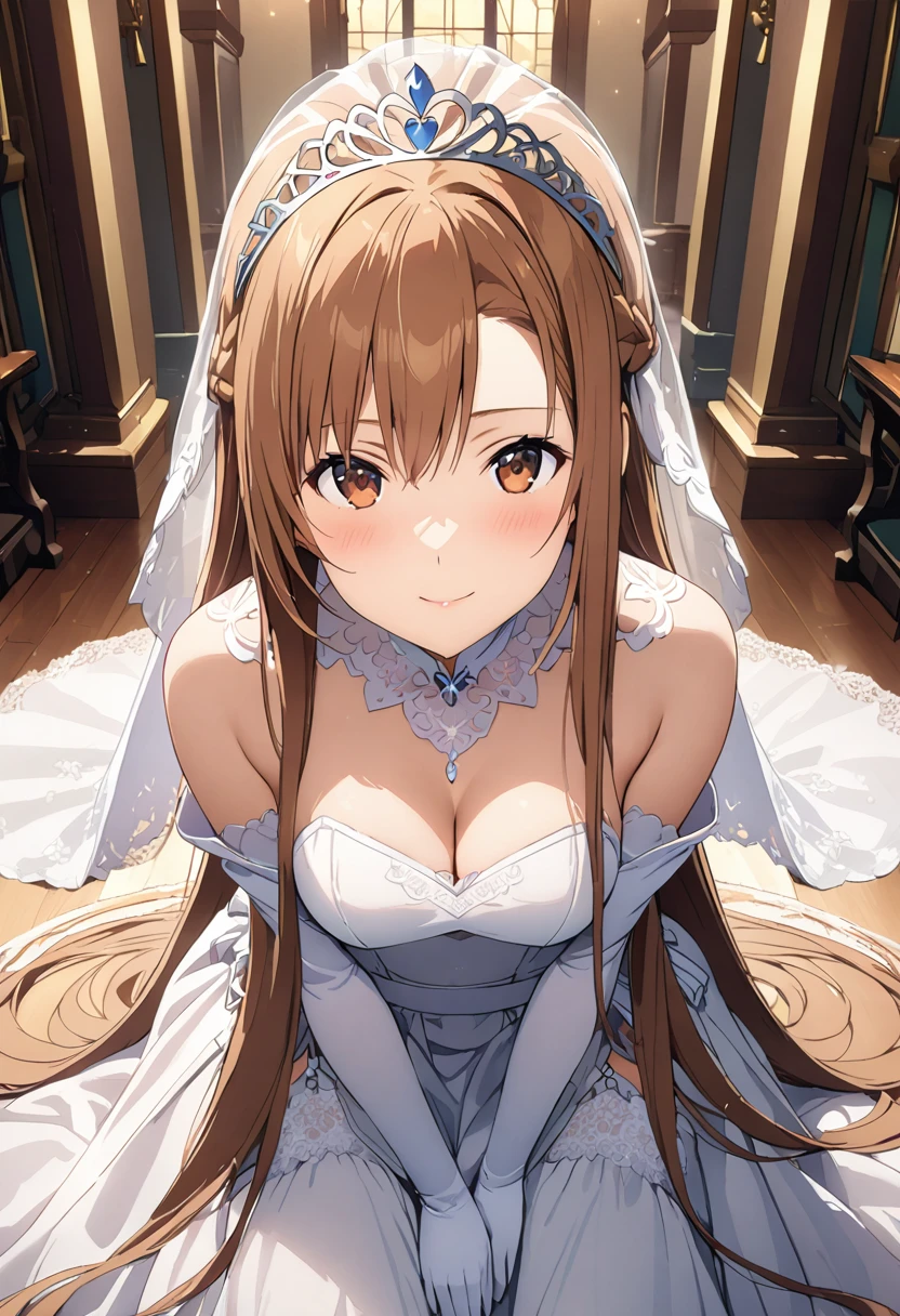 Highest quality、Super detailed、High resolution illustrations、Ultra-high-definition CG、８k size wallpaper、Production Art、Light novel illustrations、（１People Girls)、asuna yuuki, long hair, bangs, brown hair, brown eyes, very long hair, braid, Bare shoulders, Removable sleeves, gloves, white gloves, Wedding Veil、tiara、Wedding dress, White Dress, garter belt、Long skirt、stockings、White stiletto heels、Full Body
