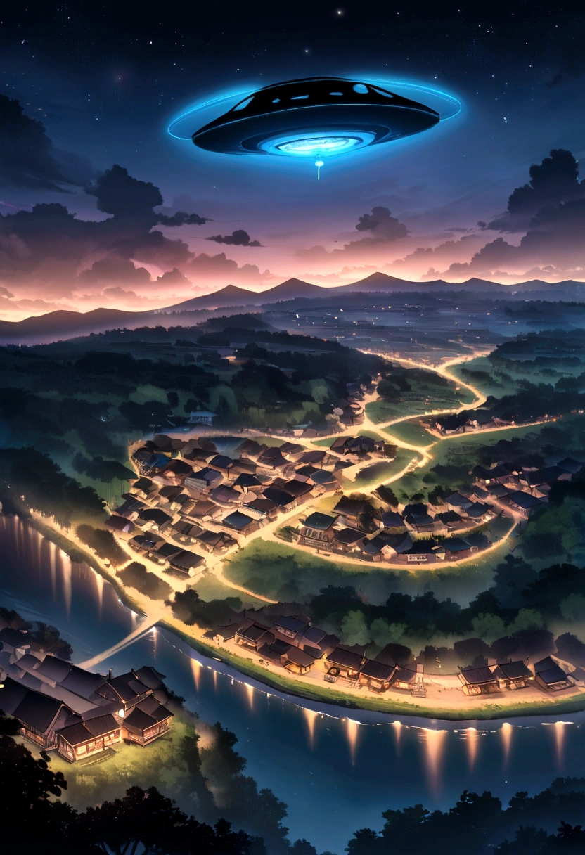 A UFO flying over a village on the edge of a river in the Amazon at night