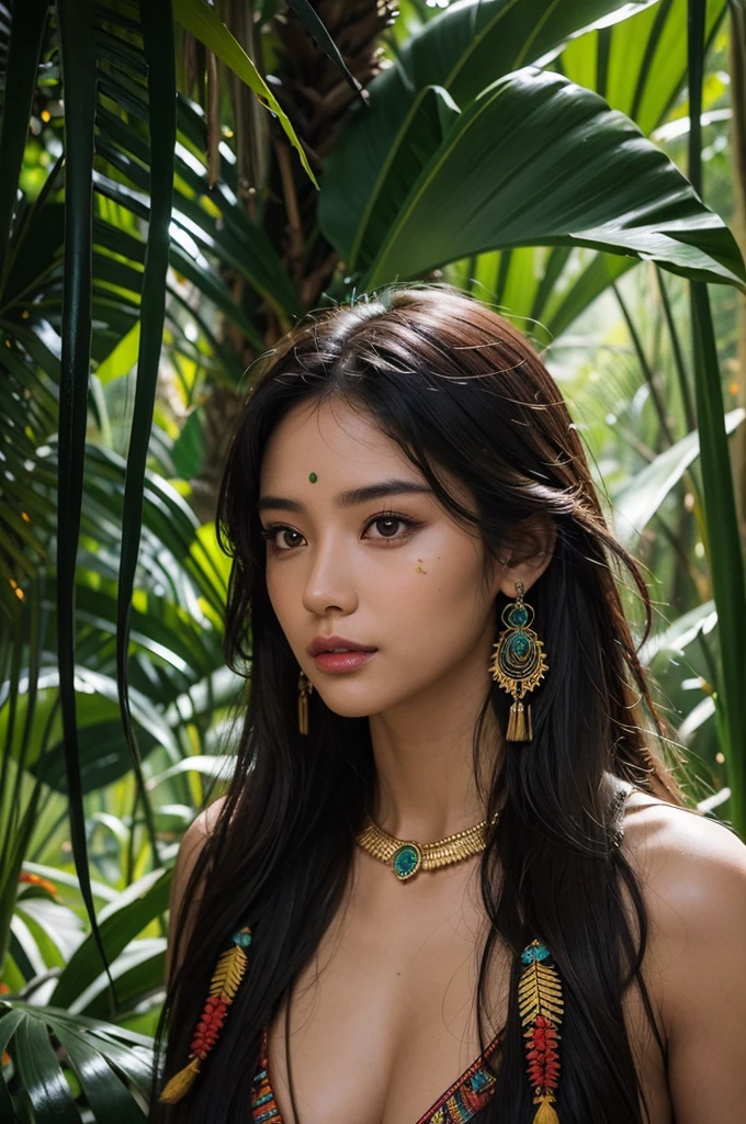 a beautiful sexy native woman, detailed facial features, long dark hair, glowing skin, exotic jewelry, detailed tribal clothing, detailed tropical jungle background, award winning photography, cinematic lighting, vibrant colors, stunning portrait