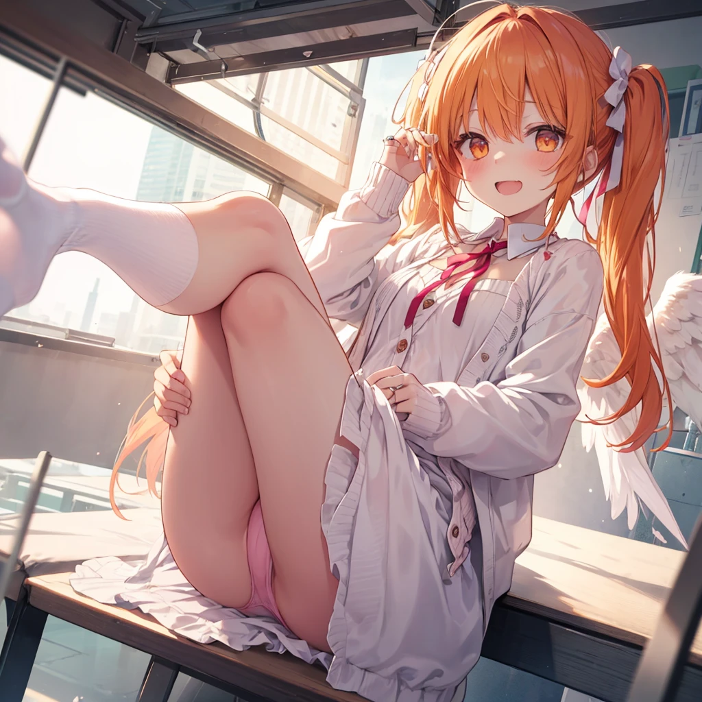 orange hair, orange eyes,girl,Pigtails with the ends tied up,laugh,panties,light and cute,halterneck,White dress,pink cardigan,Nissocks,Angel Wings,angel ring