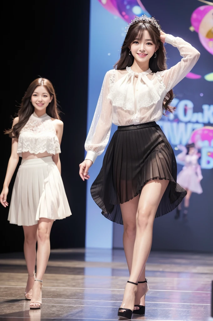 Amazingly large eyes、Smiling expression with white teeth visible、H cup bust、50cm waist、Slender and fair-skinned、Japan woman with long hair、20-year-old、Slim figure、Wearing a pleated skirt and a sheer lace blouse that flutters in the vivid breeze、Wearing high heels。On the runway at a fashion show、Her whole body was shown, from her high heels to her head, as she walked towards the viewer.、Bright, photo-quality images。
