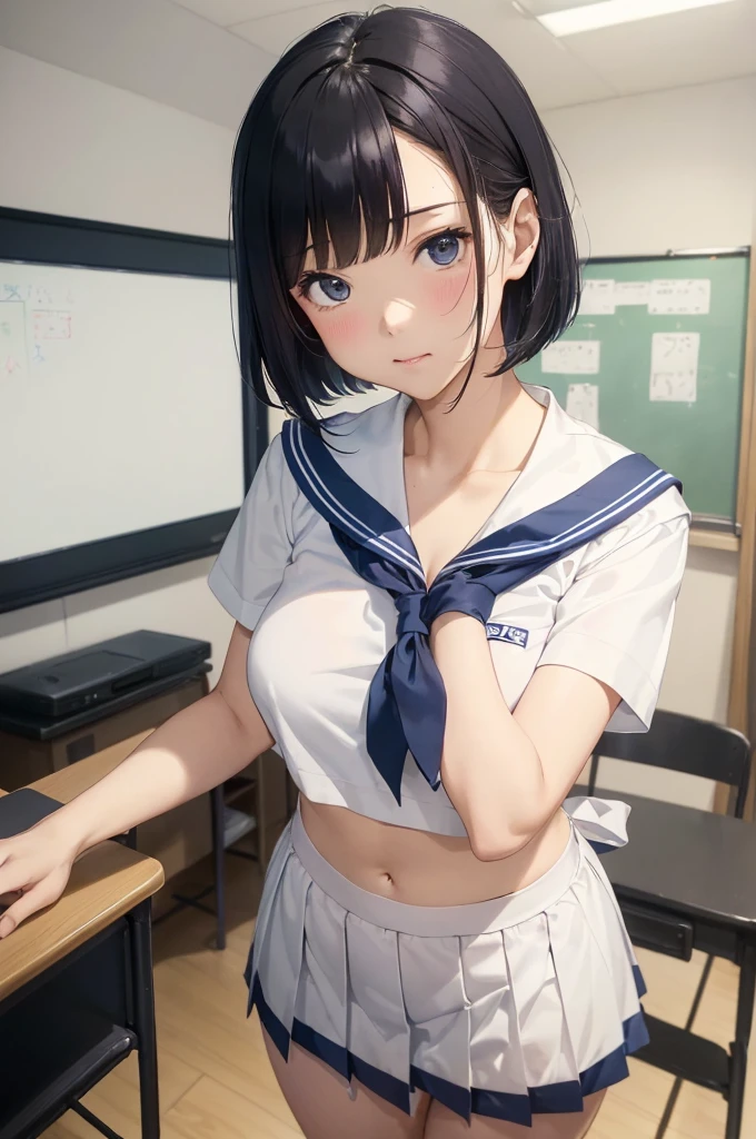 NSFW、(Short sleeve white sailor uniform:1.3)、(Dark blue micro mini skirt dark blue:1.2)、(White string panties:1.2)、Dark blue micro mini skirt dark blue、Mature Woman、Toned body、Big Breasts、(tall、daddy longlegs、175cm)、(quality))、((masterpiece))、(これはclassroomでセーラー服を着たセクシーな女子高生のクローズアップショットです:1.4)、(solo:1.4)、(One girl:1.4)、(Very short black hair:1.3)、(Light blue eyes:1.2)、(belly button:1.1)、(Navy collar、Yellow tie)、Dark blue micro mini skirt dark blue、Recommended results、Plump nipples、Stand up straight、Abdominal muscles、Huge bust、Angle to floor:1.2、Low camera angle、School、classroom