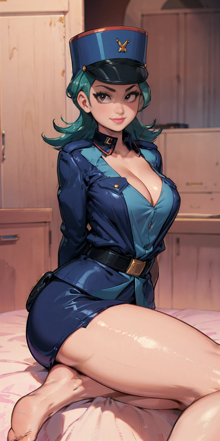 Jenny-pokemon, goregous police woman, sitting, perfect legs, ((arms behind back)), unbutton shirt, busty, colossal cleavage, lipstick, smiling, police cap, ((plain background:1.3))