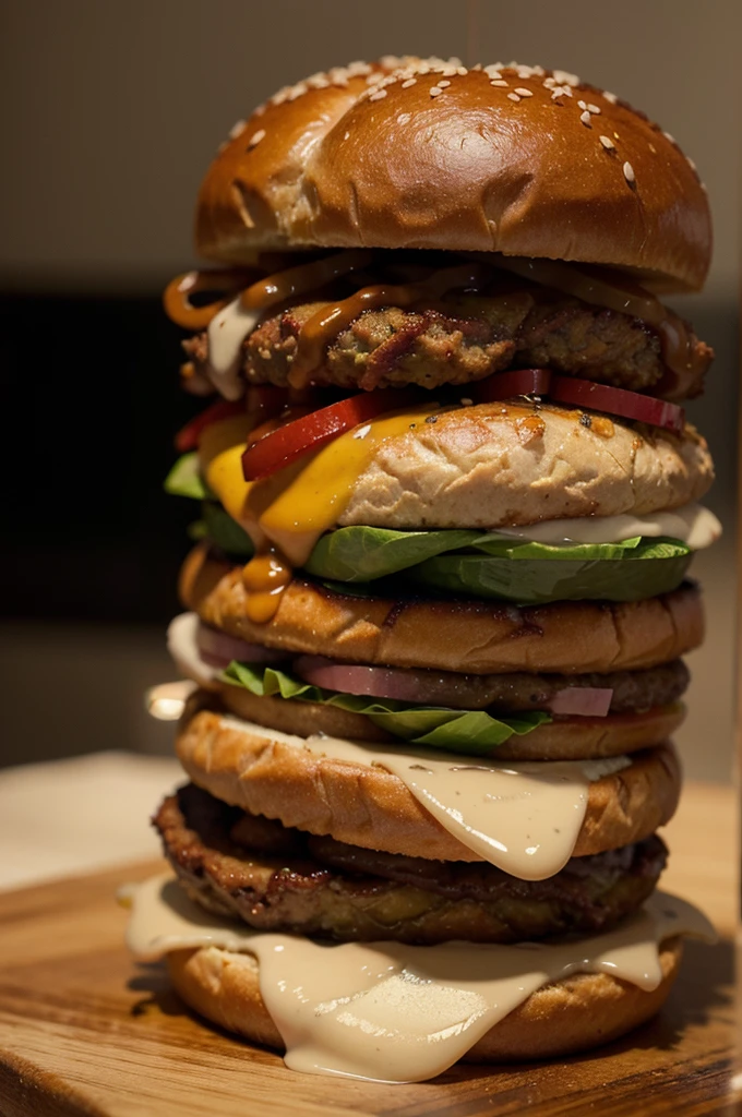 a gourmet burger with artisan bread, juicy grilled beef patty, generous slice of melted coalho cheese, creamy Nutella, appetizing arrangement, (best quality,4k,8k,highres,masterpiece:1.2),ultra-detailed,(realistic,photorealistic,photo-realistic:1.37),cinematic lighting, mouthwatering, detailed food photography, professional food stylist, vibrant colors, depth of field, studio lighting