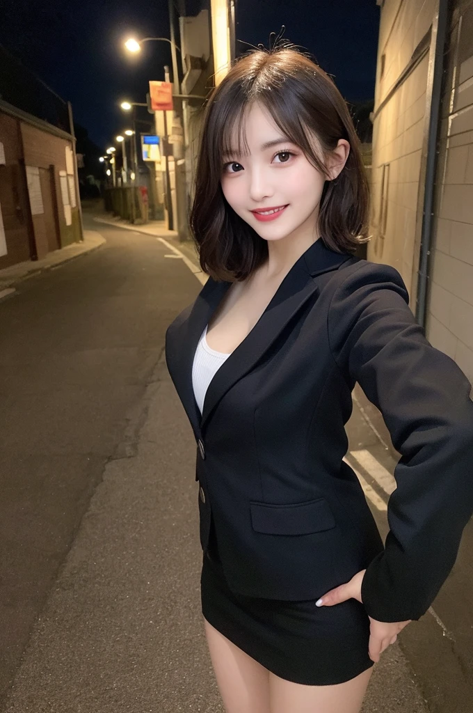 Selfie、Jacket、Wear warm clothes、Standing、night、Alley、Very short hair、Berry Shortcut、Highest quality, figure, Super detailed, In detail, High resolution, 8k wallpaper, Perfect dynamic composition, Beautiful attention to detail, dress,Medium Hair, Small breasts、Natural color lip, Random sexy poses,smile,24-years-old