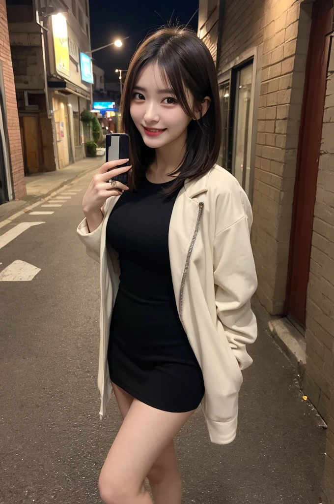 Selfie、Jacket、Wear warm clothes、Standing、night、Alley、Very short hair、Berry Shortcut、Highest quality, figure, Super detailed, In detail, High resolution, 8k wallpaper, Perfect dynamic composition, Beautiful attention to detail, dress,Medium Hair, Small breasts、Natural color lip, Random sexy poses,smile,24-years-old