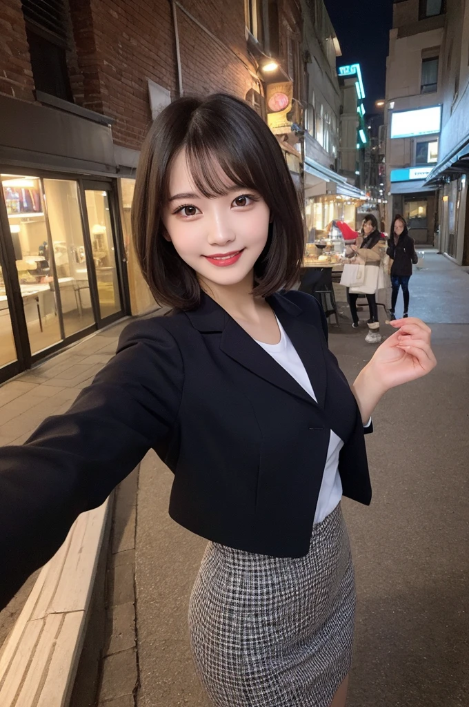 Selfie、Jacket、Wear warm clothes、Standing、night、Alley、Very short hair、Berry Shortcut、Highest quality, figure, Super detailed, In detail, High resolution, 8k wallpaper, Perfect dynamic composition, Beautiful attention to detail, dress,Medium Hair, Small breasts、Natural color lip, Random sexy poses,smile,24-years-old