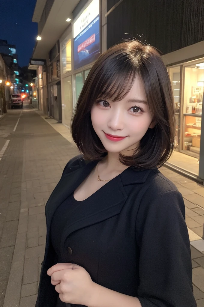 Selfie、Jacket、Wear warm clothes、Standing、night、Alley、Very short hair、Berry Shortcut、Highest quality, figure, Super detailed, In detail, High resolution, 8k wallpaper, Perfect dynamic composition, Beautiful attention to detail, dress,Medium Hair, Small breasts、Natural color lip, Random sexy poses,smile,24-years-old