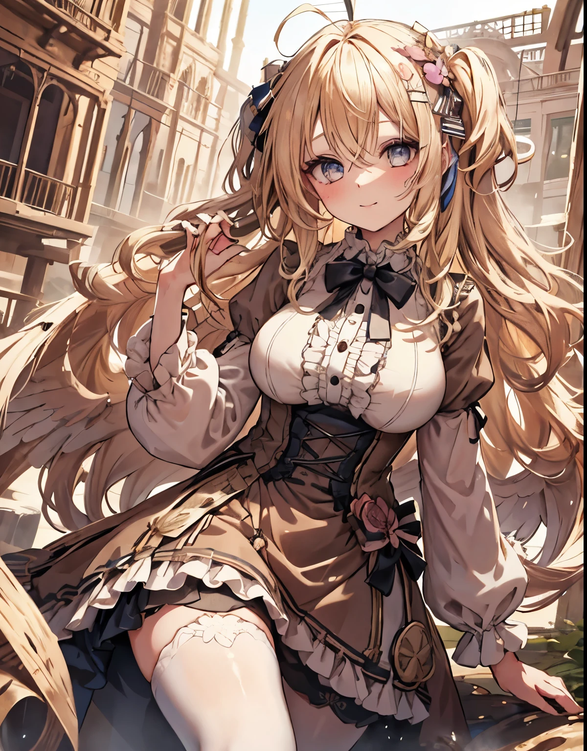 masterpiece, 1girl, sparrow, a blonde haired girl, wearing a victorian dress, curly long hair, messy hair, slim body, he close her left eye, shirt ornament, ruby eyes, ahoge, baby face, big breast, beautiful breasts, rounded breasts, long sleeves, beautiful eyes, white stocking, droopy eyes, her age is 19 years old, ricefield, bowtie, azusa_bluearchive, lovely face, medium hair, lovely smile, curly hair, gothic ****ta