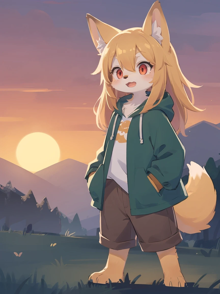 flat color, shota the fox, , was hairy, shaggy, skin fur, smooth lashes, golden fur, forelimb hands, straight long blonde hair, solid circle eyes, golden ears, golden fur, golden facial fur, shiny hair, red eyes, super cute face, 1fox tail, fluffy tail, furry tail, glowing eyes, green coat green hood down, brown trousers, standing, open mouth, ambient light, ultra-fine fur, dashed eyes, (full body), masterpiece, high quality, high-details, best quality, wide short, (((solo))), twilight, sun light, red sky, rim light