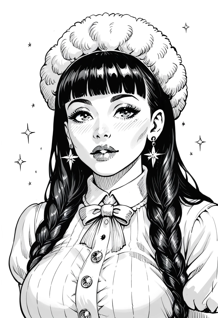 score_9, score_8_up, score_7_up, 1girl, sp1t, abundant detailed hatching shading, monochrome, big breasts, facing viewer, cozy outfit, white background, earring, neutral expression, straight hair, blunt bangs