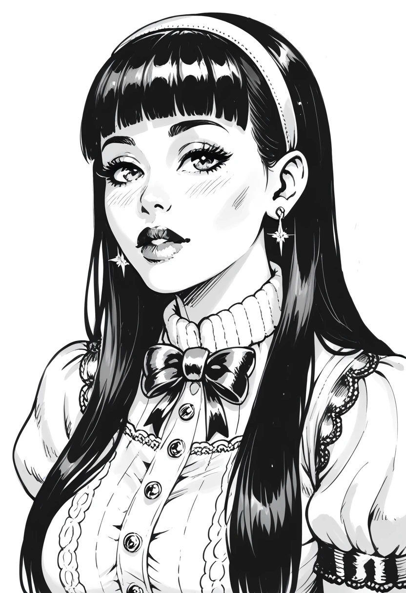 score_9, score_8_up, score_7_up, 1girl, sp1t, abundant detailed hatching shading, monochrome, big breasts, facing viewer, cozy outfit, white background, earring, neutral expression, straight hair, blunt bangs