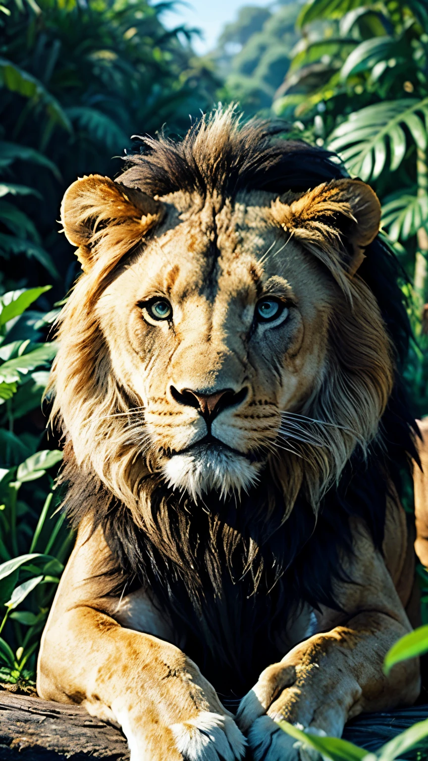 I need an image of a lion with blue eyes looking straight ahead with a jungle background
