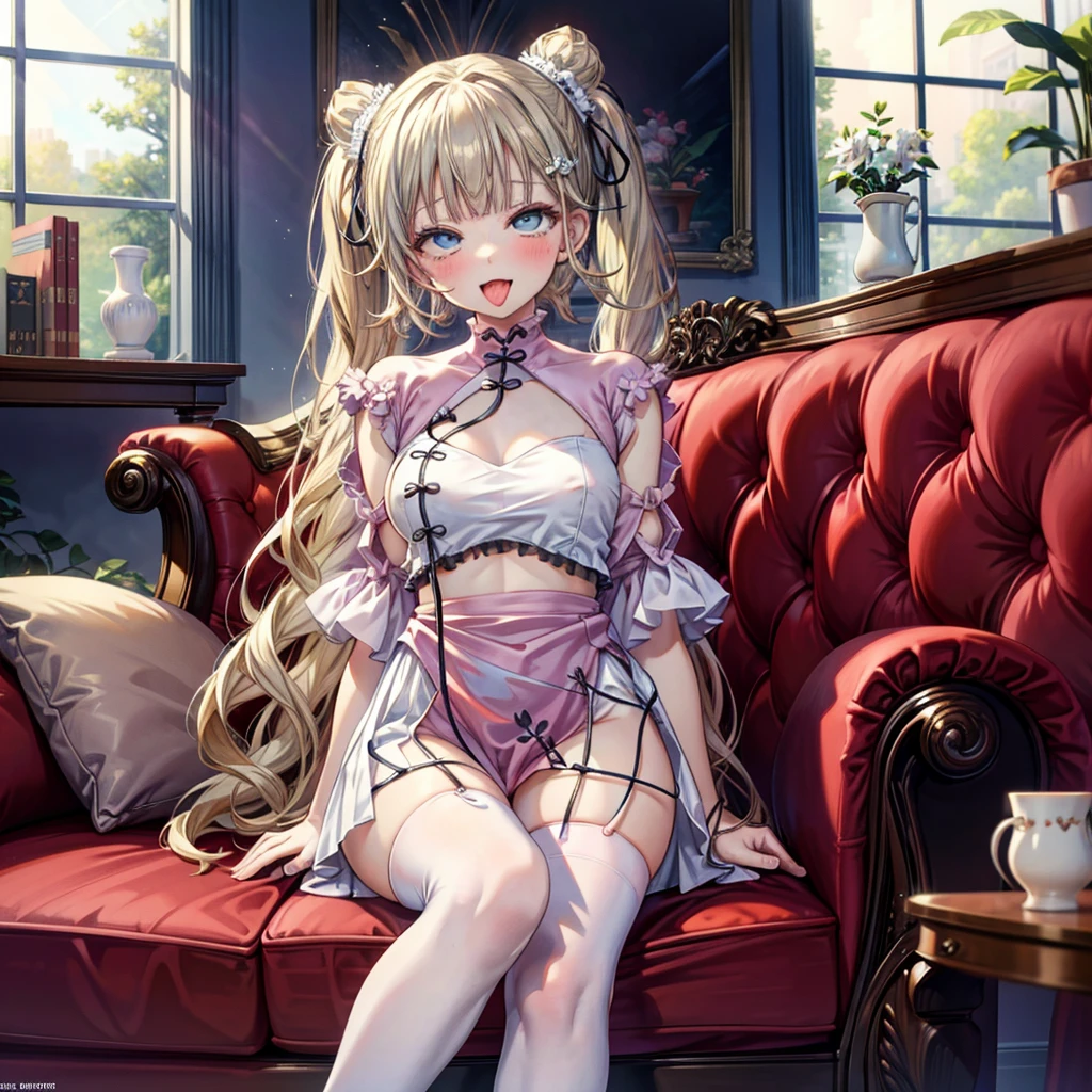 ((Highest quality)), ((masterpiece)), (detailed), (nsfw), the cartoon girl is sitting on the couch wearing a pink outfit and holding a bottle, 1girl, 独奏, thighhighs, twintails, pelvic curtain, white thighhighs, double bun, breasts, long hair, blush, blue eyes, looking at viewer, chinese clothes, sitting, spread legs, open mouth, tongue out, naughty face, pussy, vaginale,Sex, woman on top