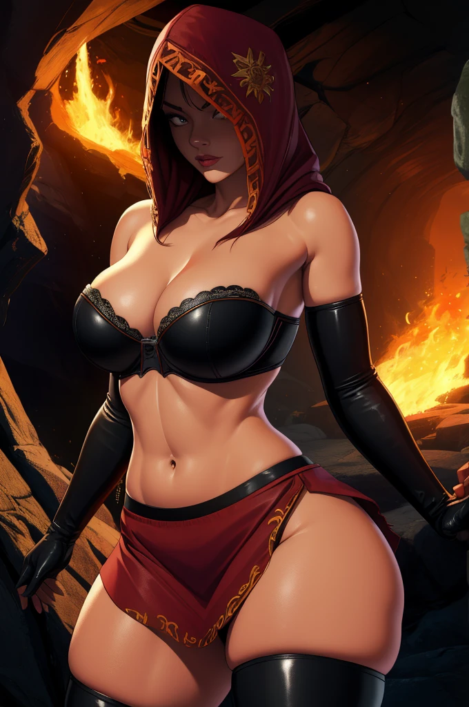 Dsorceress, shadowy face,dark cave, fire, hood, shadowed face, strapless bra, slim and athletic body, miniskirt, no panty, elbow gloves, dark skin, 1 girl (insanely detailed, masterpiece, best quality)