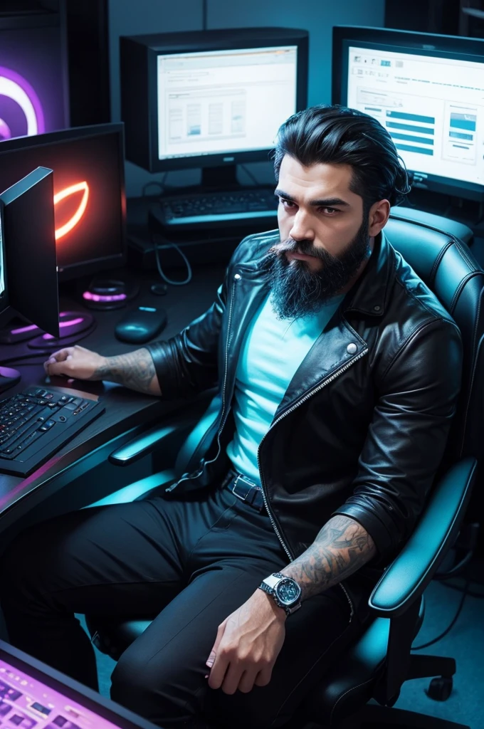 I want an image of a dark bearded man sitting in a gaming chair and with 3 computer screens in front and he is sitting working and smoking and in his gaming chair there are neon lights around it and on the table it is very futuristic