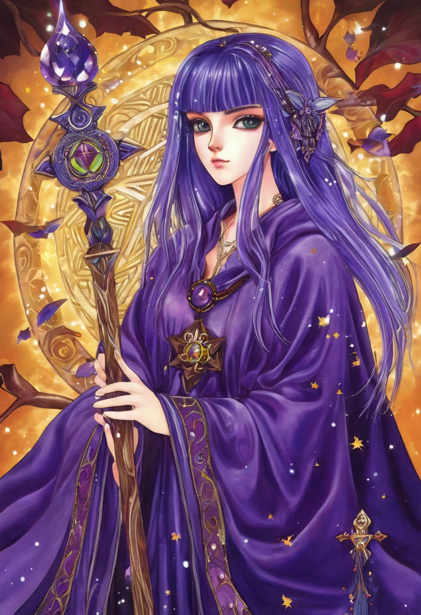 "Create an anime-style close-up artwork of a witch girl with purple hair, She wears a mystical robe adorned with arcane symbols and carries a wooden staff with glowing crystals. Her eyes should be the focal point, shimmering with magical energy and reflecting her deep knowledge of the mystical arts. The background should hint at a mystical forest or ancient ruins, with blurred images of glowing runes and mystical creatures, capturing the essence of her powerful and enigmatic presence."