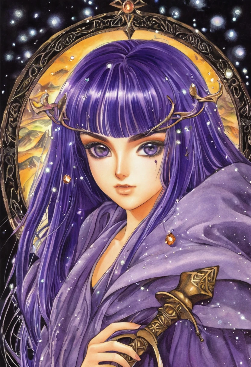 "Create an anime-style close-up artwork of a witch girl with purple hair, She wears a mystical robe adorned with arcane symbols and carries a wooden staff with glowing crystals. Her eyes should be the focal point, shimmering with magical energy and reflecting her deep knowledge of the mystical arts. The background should hint at a mystical forest or ancient ruins, with blurred images of glowing runes and mystical creatures, capturing the essence of her powerful and enigmatic presence."
