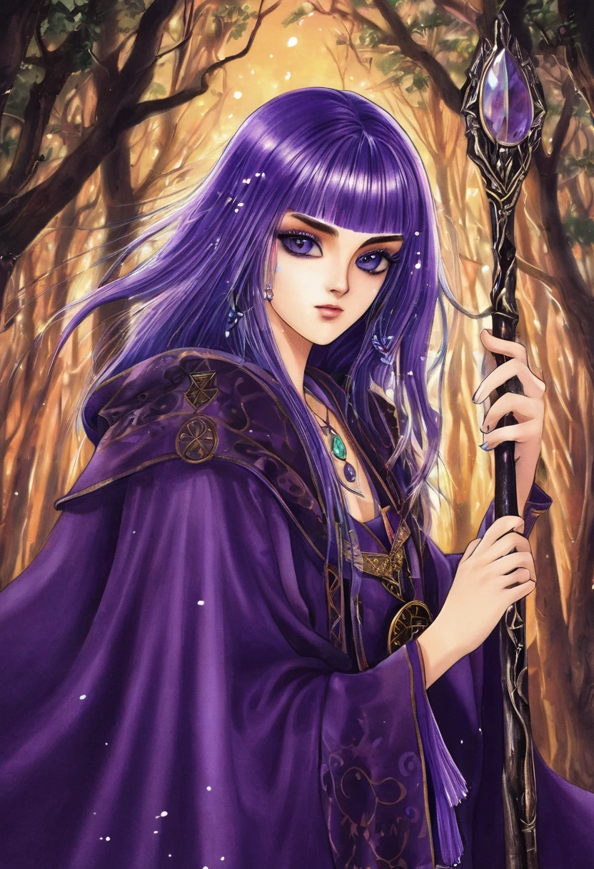 "Create an anime-style close-up artwork of a witch girl with purple hair, She wears a mystical robe adorned with arcane symbols and carries a wooden staff with glowing crystals. Her eyes should be the focal point, shimmering with magical energy and reflecting her deep knowledge of the mystical arts. The background should hint at a mystical forest or ancient ruins, with blurred images of glowing runes and mystical creatures, capturing the essence of her powerful and enigmatic presence."