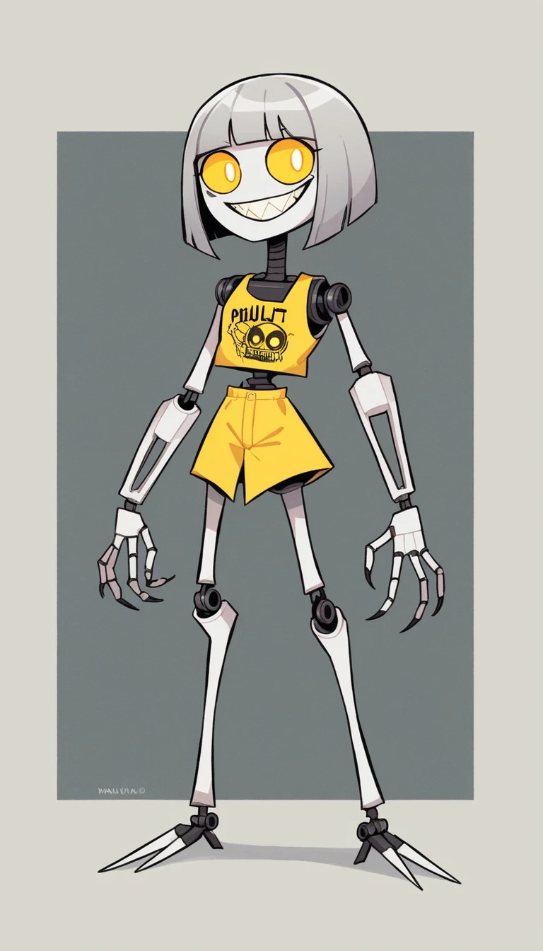 Robot girl, robot, murder drone, murder drones, Serial Designation V, V murder drones, murder drones V, light gray hair, gray hair, silver hair, bob cut, bob hairstyle, silver bob hair, gray bob hair, bright yellow eyes, yellow eyes, yellow screen eyes, screen eyes, TV eyes, toothy smile, toothy grin, maniacal expression, evil expression, white skin, pale white skin, smooth skin, robot body, black and yellow outfit, black and yellow casual outfit, black and yellow clothing, casual clothing, casual outfit, claws, sharp metal claws, sharp robot claws, dark background, horror background, full-body image