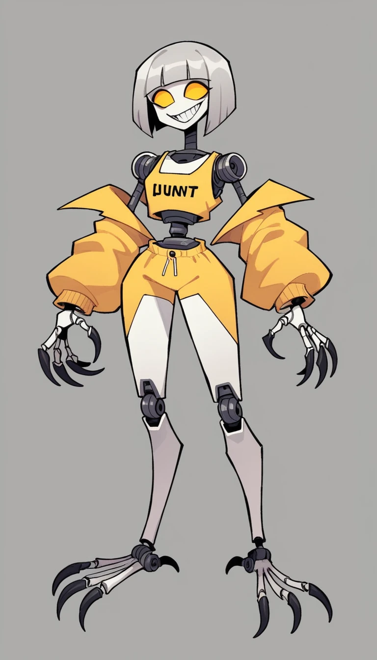 Robot girl, robot, murder drone, murder drones, Serial Designation V, V murder drones, murder drones V, light gray hair, gray hair, silver hair, bob cut, bob hairstyle, silver bob hair, gray bob hair, bright yellow eyes, yellow eyes, yellow screen eyes, screen eyes, TV eyes, toothy smile, toothy grin, maniacal expression, evil expression, white skin, pale white skin, smooth skin, robot body, black and yellow outfit, black and yellow casual outfit, black and yellow clothing, casual clothing, casual outfit, claws, sharp metal claws, sharp robot claws, dark background, horror background, full-body image