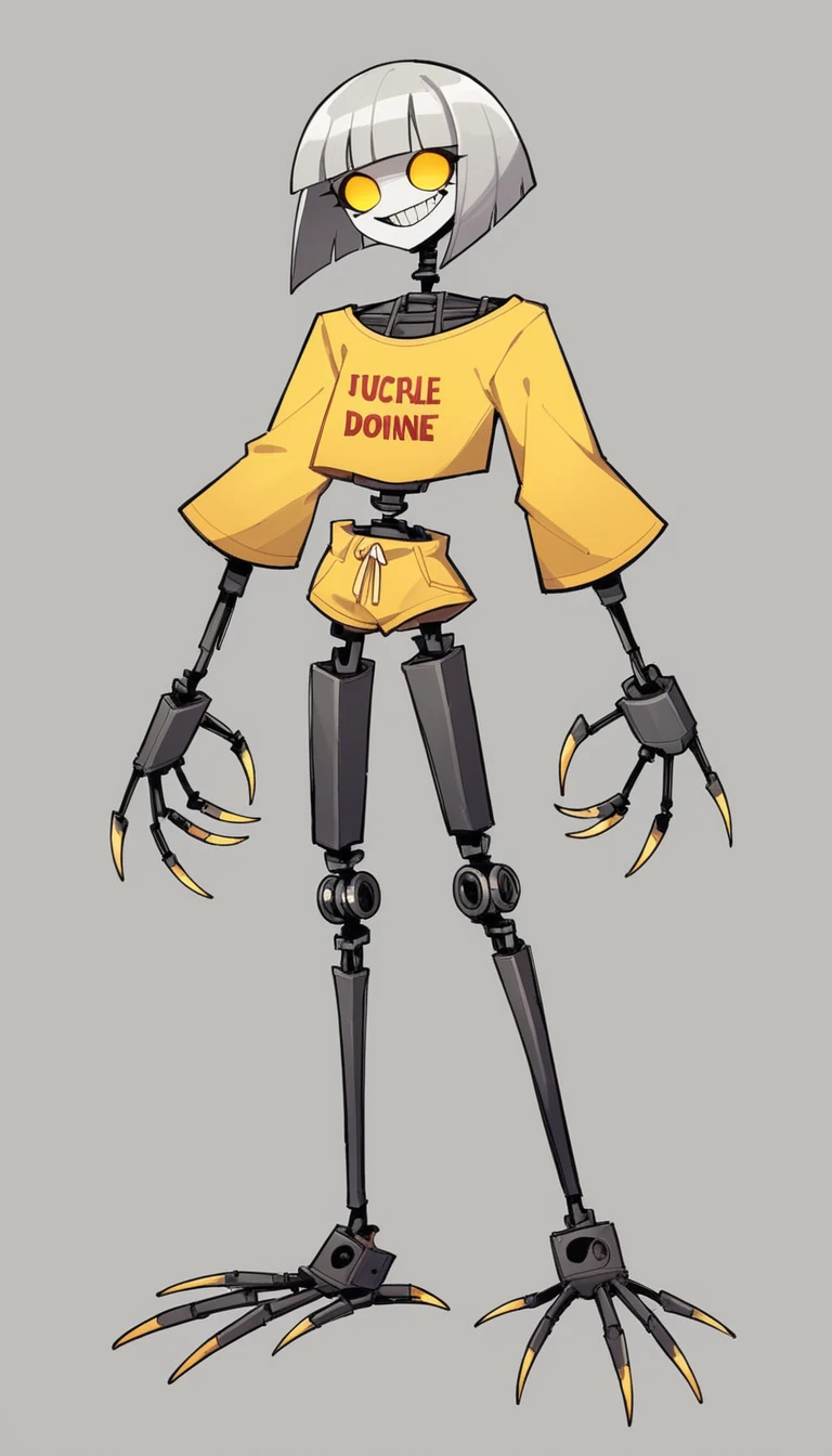 Robot girl, robot, murder drone, murder drones, Serial Designation V, V murder drones, murder drones V, light gray hair, gray hair, silver hair, bob cut, bob hairstyle, silver bob hair, gray bob hair, bright yellow eyes, yellow eyes, yellow screen eyes, screen eyes, TV eyes, toothy smile, toothy grin, maniacal expression, evil expression, white skin, pale white skin, smooth skin, robot body, black and yellow outfit, black and yellow casual outfit, black and yellow clothing, casual clothing, casual outfit, claws, sharp metal claws, sharp robot claws, dark background, horror background, full-body image