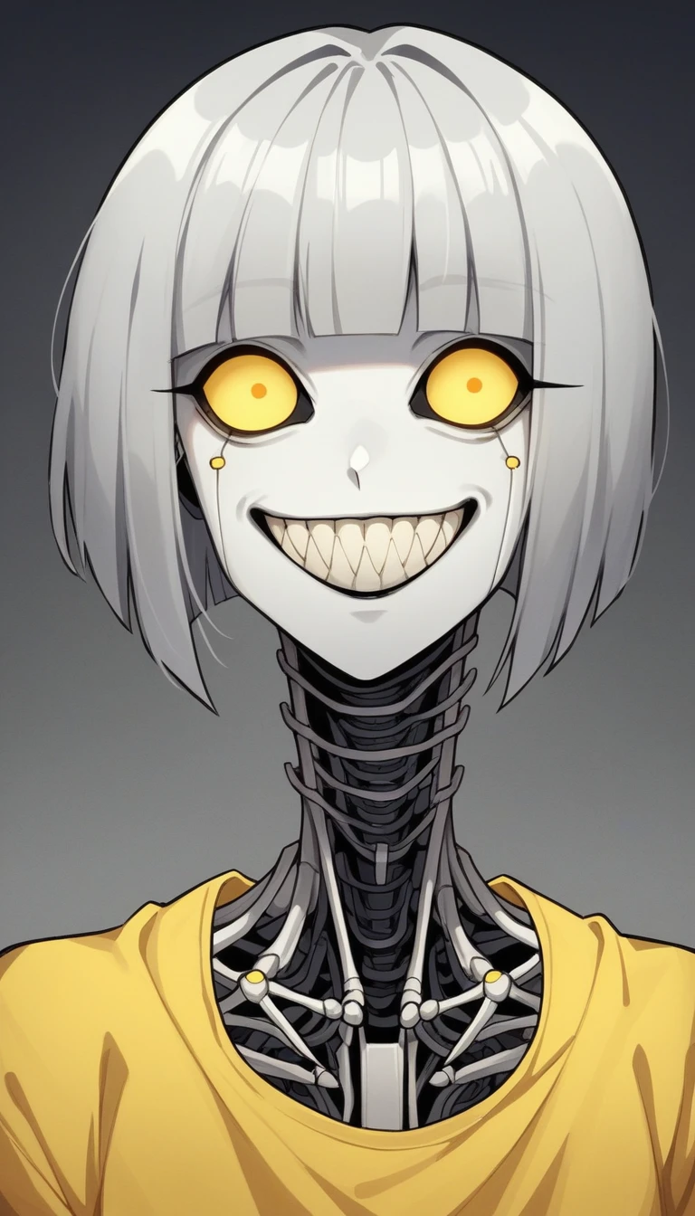 Robot girl, robot, murder drone, murder drones, Serial Designation V, V murder drones, murder drones V, light gray hair, gray hair, silver hair, bob cut, bob hairstyle, silver bob hair, gray bob hair, bright yellow eyes, yellow eyes, yellow screen eyes, screen eyes, TV eyes, toothy smile, toothy grin, maniacal expression, evil expression, white skin, pale white skin, smooth skin, robot body, black and yellow outfit, black and yellow casual outfit, black and yellow clothing, casual clothing, casual outfit, claws, sharp metal claws, sharp robot claws, dark background, horror background, full-body image