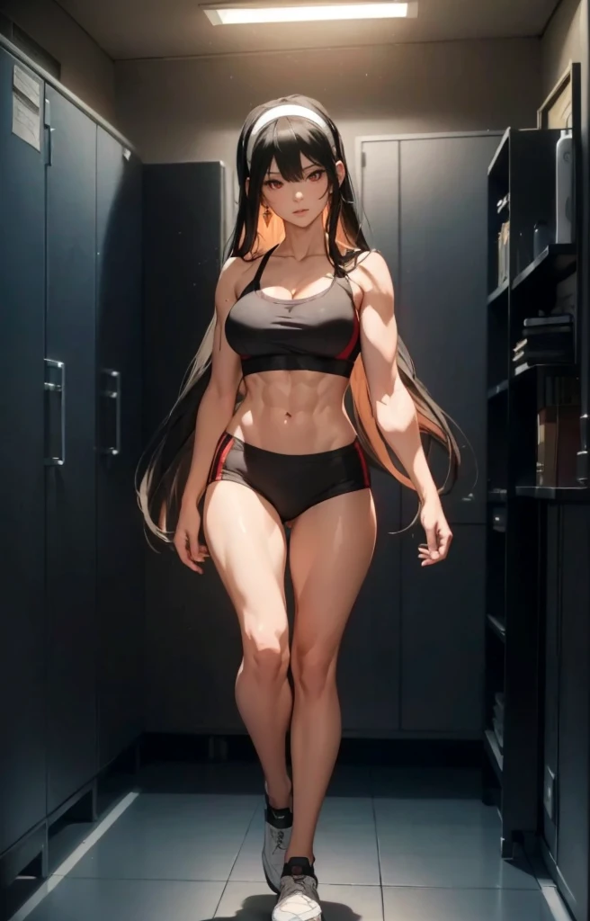((1girl, solo)), beautiful body, (perfect anatomy, perfect body, perfect hands, perfect legs), natural proportions, y body, large bre(abs)), (((muscular female))), ((full body, full body front)) BREAK
((extremely detailed face)), (beautiful detailed eyes:1.6), (realistic pupils, realistic iris:1), expressive eyes, looking at viewer, (clear eyes:1.3), (hyperrealistic:1.2), (detailed skin texture:1.2), smooth skin, yor briar, (red eyes:1.5), (black hair:1.5), long hair, hairband, (white hairband:1.3), sidelocks, bangs, ((mature fem ((little smile)), (detailed lips:1.2), (attractive lips:1.1), (glossy lips:1.1), (parted lips), perfect face, perfect eyes, earrings BREAK
((sports bra)), buruma, (ass visible thro thighs), shoes, (black sportswear), black shorts, midriff BREAK
(masterpiece:1.5), anime-style, top quality, best quality, (beautiful and aesthetic:1.2), (ultra detail:1.5), Ultra-detailed depiction, Ultra-precise depiction, extremely detailed 8k illustration, high resolution, (highly detailed shading:1.2), (realistic lighting:1.4), perfect lighting, vibrant colors, dynamic tones, striking hues, 8k, absurd resolution, perfect shadows, hdr, UHD, ambient lighting, realistic, ultra-realistic, photo realistic, highly detailed, rich detail, luminous colors, fine texture, intricate design, professional illustration, (soft light:1.2), (illustration:0.7)