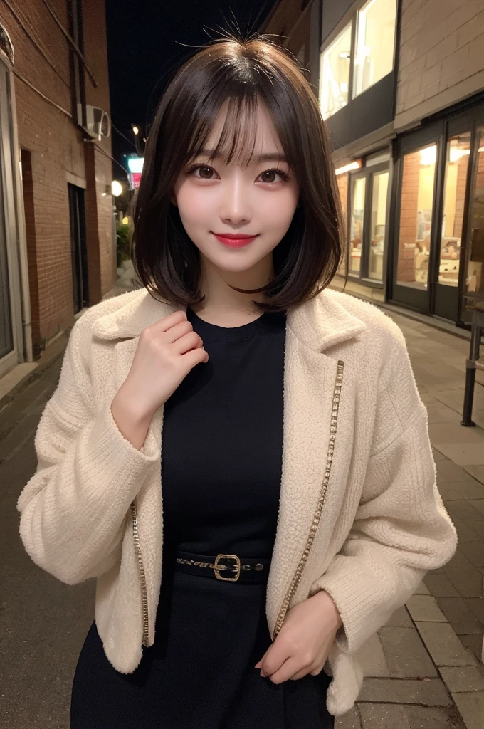 Selfie、Jacket、Wear warm clothes、Standing、night、Alley、Very short hair、Berry Shortcut、Highest quality, figure, Super detailed, In detail, High resolution, 8k wallpaper, Perfect dynamic composition, Beautiful attention to detail, dress,Medium Hair, Small breasts、Natural color lip, Random sexy poses,smile,24-years-old
