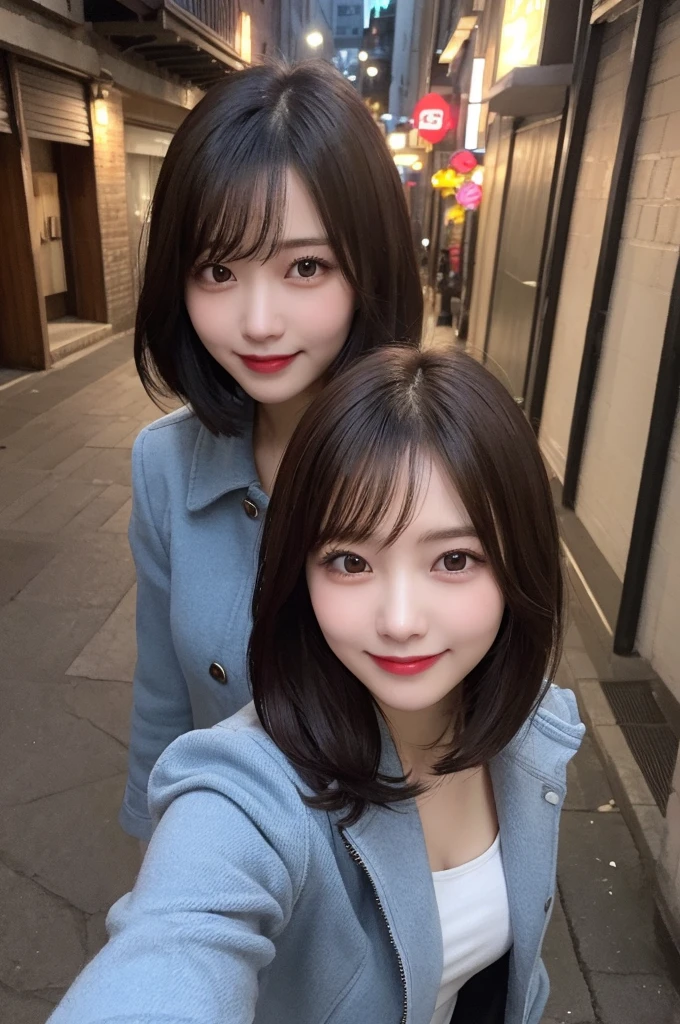 Selfie、Jacket、Wear warm clothes、Standing、night、Alley、Very short hair、Berry Shortcut、Highest quality, figure, Super detailed, In detail, High resolution, 8k wallpaper, Perfect dynamic composition, Beautiful attention to detail, dress,Medium Hair, Small breasts、Natural color lip, Random sexy poses,smile,24-years-old