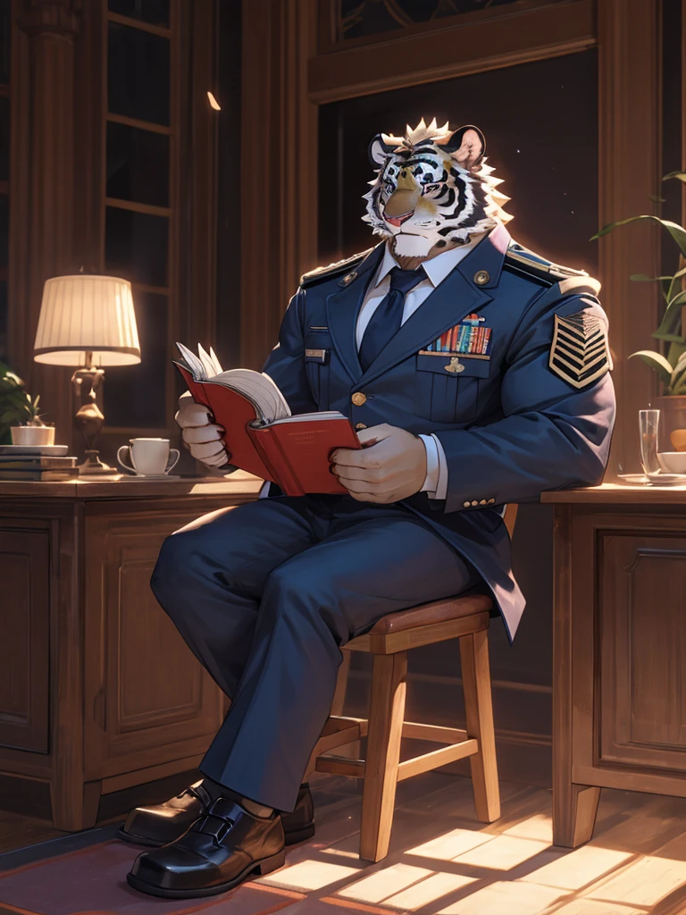{{bara extremely handsome white tiger,}} {{white fur,}} white, wearing military like purple trench coat purple trousers and white dress shirt and necktie, white fluffy furry body and limbs, loafers, very tall, very broad shoulders, narrow waist, muscular arms, massive pecs, purple eyes, very long legs,  sitting cross legged on swivel chair, reading file, sophisticated smart look, full body, sunlight casting over, 3/4 view, best quality, high quality, silver earring on left ear, dead stare, cold expression