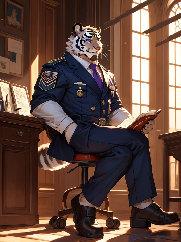 {{bara extremely handsome white tiger,}} {{white fur,}} white, wearing military like purple trench coat purple trousers and white dress shirt and necktie, white fluffy furry body and limbs, loafers, very tall, very broad shoulders, narrow waist, muscular arms, massive pecs, purple eyes, very long legs, sitting cross legged on swivel chair, reading file, sophisticated smart look, full body, sunlight casting over, 3/4 view, best quality, high quality, silver earring on left ear, dead stare, cold expression