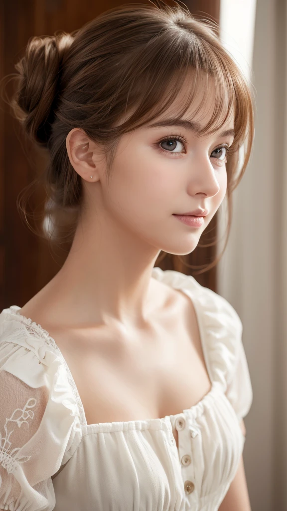 Highest quality, , Soft Light, Ultra-high resolution, (Realistic:1.4), RAW Photos, 1 Swedish girl, alone, Or a  face,Baby y pose、Whole body(A shy smile:0.5), (Brown eyes, Light in your eyes), Beautiful face in every detail,(Updo),Swedish Dress（See-through）
