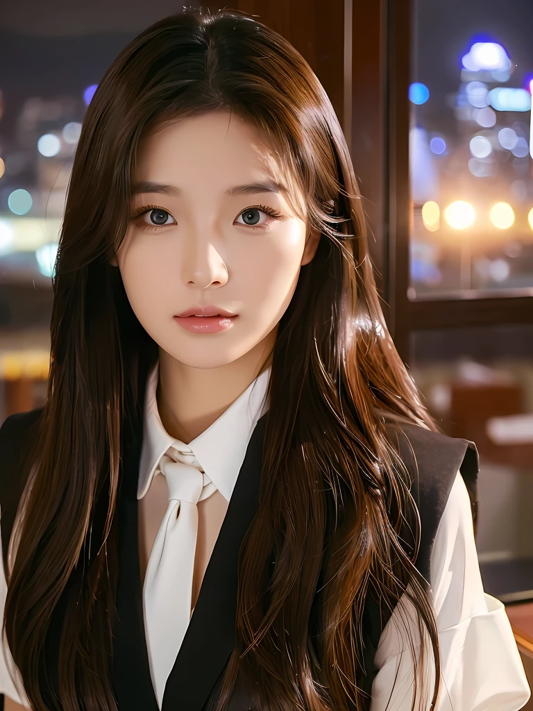 Han Julie is a young Korean woman in her 28s. Her hair is long and curv in a dark-blonde color.
Her face is oval and marked by her large brown eyes, which carry a cold, unexpressive face. Her skin is radiant and clear, presenting an impeccable state of health and her curved lips.
Her height is medium, her body athletic and defined, with the most charming and provocative. It contrasts and matches their personalities.
She stands in her office with her back to the glassware marked by the view of the city in night on her back, wearing a black dress blouse with a blue loose tie