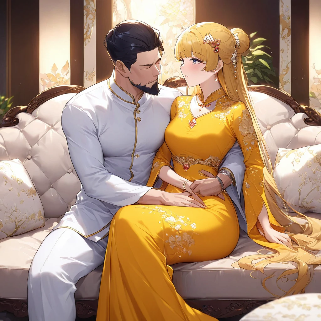 ((Highest quality)), ((masterpiece)), (detailed), （Perfect Face）、The woman is a Vietnamese woman named Tsukino Usagi, wearing a gorgeous and glittering ao dai, a traditional Vietnamese dress with gold embroidery, a gorgeous hair ornament, gorgeous jeweled accessories and an engagement ring. The man and woman are sitting on a gorgeous, large sofa in a luxurious room, and the woman is embracing and kissing the dignified and bearded middle-aged Vietnamese man wearing a Vietnamese national dress, making love.、The woman is the elegant Tsukino Usagi, a Vietnamese girl with long blonde hair in a chignon twin tail and wearing an ao dai.、The man is a dignified, muscular, bearded, middle-aged Vietnamese man wearing Vietnamese national dress.