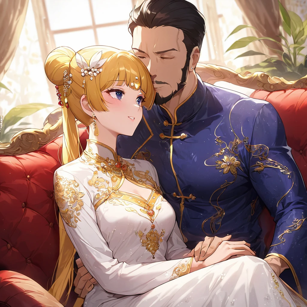 ((Highest quality)), ((masterpiece)), (detailed), (Perfect Face)、The woman is a Vietnamese woman named Tsukino Usagi, wearing a gorgeous and glittering ao dai, a traditional Vietnamese dress with gold embroidery, a gorgeous hair ornament, gorgeous jeweled accessories and an engagement ring. The man and woman are sitting on a gorgeous, large sofa in a luxurious room, and the woman is embracing and kissing the dignified and bearded middle-aged Vietnamese man wearing a Vietnamese national dress, making love.、The woman is the elegant Tsukino Usagi, a Vietnamese girl with long blonde hair in a chignon twin tail and wearing an ao dai.、The man is a dignified, muscular, bearded, middle-aged Vietnamese man wearing Vietnamese national dress.
