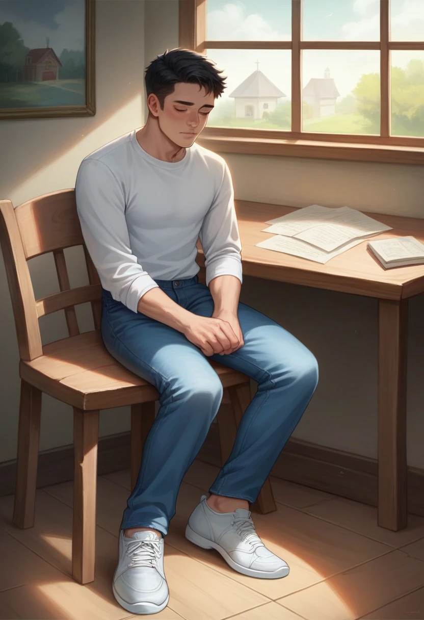 draw me a picture of a cute Indonesian boy, handsome, black hair, white shirt, blue jeans, white shoes, sitting in front of the house, daydreaming about a beautiful girl, passing by the front of the house, the shadow of his face appears above his head, realistic, detailed, panoramic , view