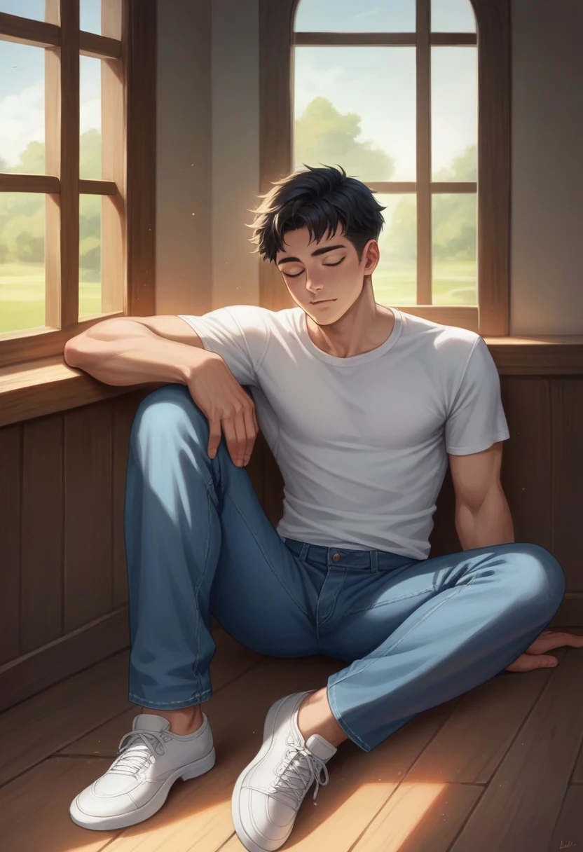 draw me a picture of a cute Indonesian boy, handsome, black hair, white shirt, blue jeans, white shoes, sitting in front of the house, daydreaming about a beautiful girl, passing by the front of the house, the shadow of his face appears above his head, realistic, detailed, panoramic , view