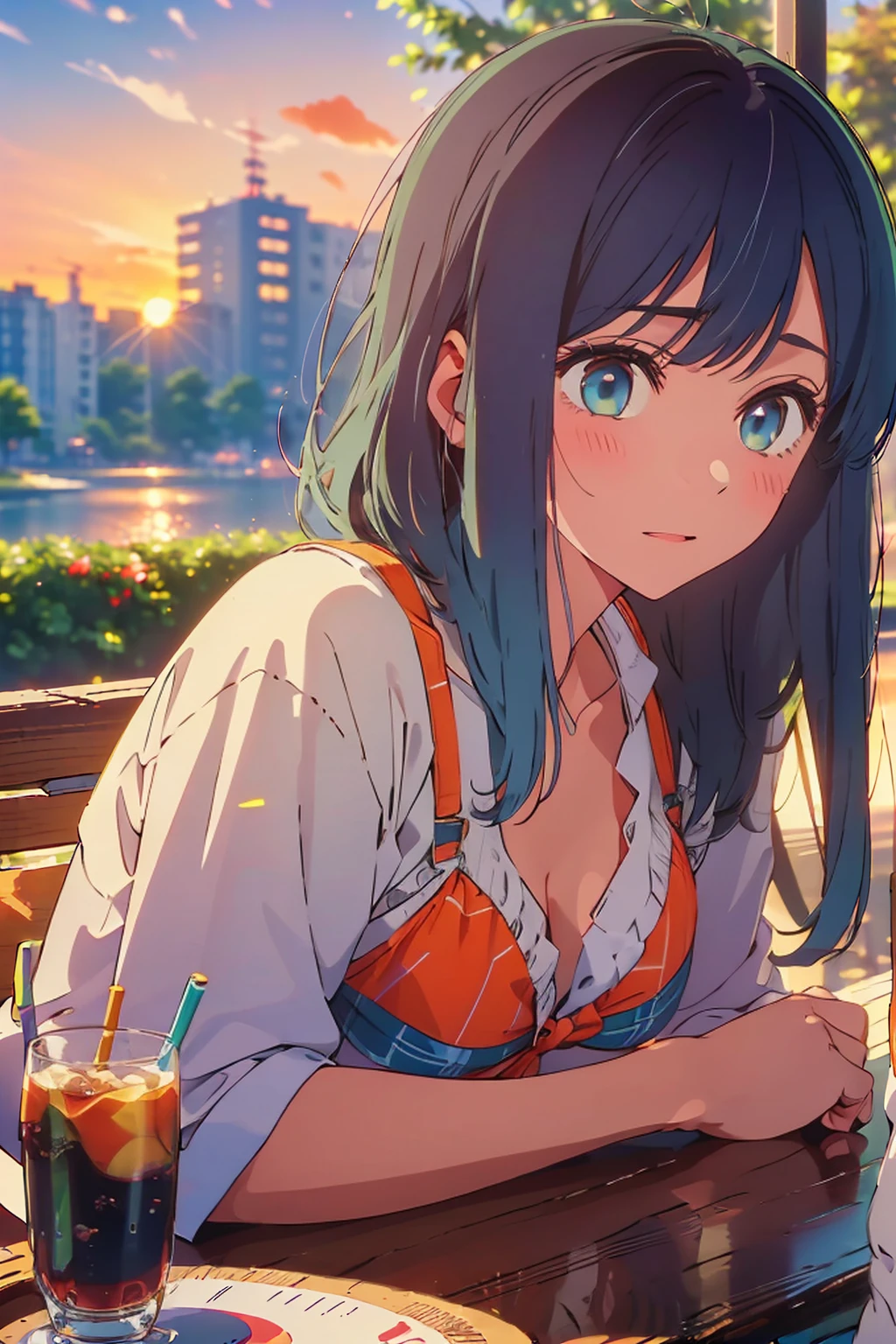 (Highest quality:1.4、masterpiece:1.4、Super detailed:1.4、8K:1.4)、F cup bust、Big Breasts、Slim body、((((1 person、Surprised expression、sit、In the background are the urban buildings of Tokyo、looking at the camera、Outdoor café terrace、Sunset Beach、Navy hair color、juice、From an angle、table、sunset、Very cute face))))、((bikini size too small))、Big eyes、((((Shallow depth of field))))、Holding a glass