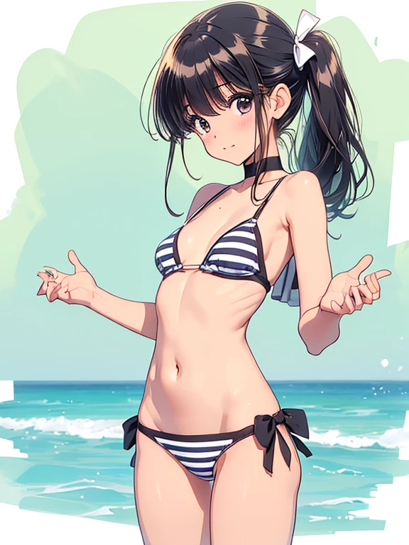 One girl, Bikini about to take off, Lower abdomen exposure、,(((Perfect Anatomy, Anatomically correct, Very detailed肌))),Side tie panties, striped bikini, (fold your hands behind your back:1.5)、Sunburn, Long Hair,, masterpiece, Highest quality, Very detailed、Crotch cutout, No crotch, No pants, Pussy, ,, Medium breast, blush,((Open your feet wide))