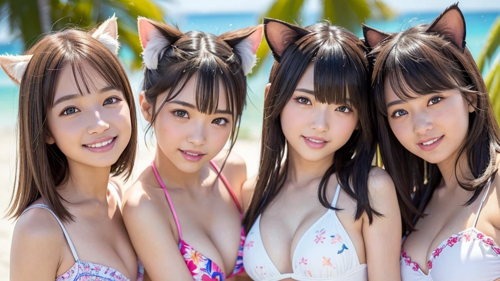 Three Girls、Classmate、A good friend、20 year old girls、Pretty Girls、(White sand beach、Tropical Beach)、(bikini、Detailed floral pattern、Light green fabric、Golden embroidery)、Spread your legs、Cat pose、Beautiful feet、(Small breasts 1.3)、(smile、Perfect white teeth)、bangs、Short Hair、Cat ears headband、(Smooth Hair)、Slim body、(from below)、RAW Photos, (Highest quality、masterpiece、Realistic photo:1.2)、(Realistic:1.4)、Dramatic lighting、Pastel Color Palette、Super detailed、Realistic skin texture、Beautiful eyes in every detail、Brown eyes、(Detailed Background、The background is blurry:1.2)、