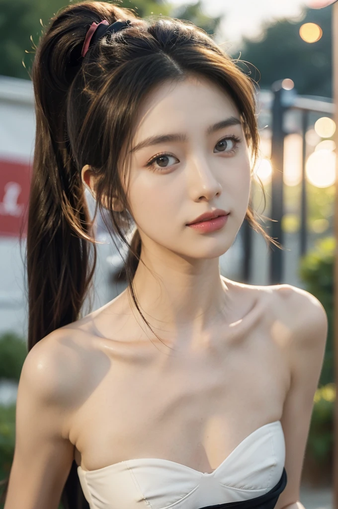 (((best quality))),(((ultra detailed))),(((masterpiece))),illustration,((1 beautiful girl,solo)),((slim,thin)),((small breasts,flat chest)), outside school gate, summer twilight, sunlight,(short ponytail:1.3),((strapless white bra)),animated face, excited eyes, sounds of laughter, chatter, excitement of summer vacation, air filled with energy, school gate golden glow, symbol of end of academic year, schoolyard transformed, reunion, farewells, embracing setting sun, face illuminated, moment captured, fleeting instant, essence of summer, carefree spirit, youthful exuberance, embodiment of season, sun dips, rosy glow, joy of living,promise of adventures,((from front,close-up of face)),(surrounded by crowded crowds:1.3)
