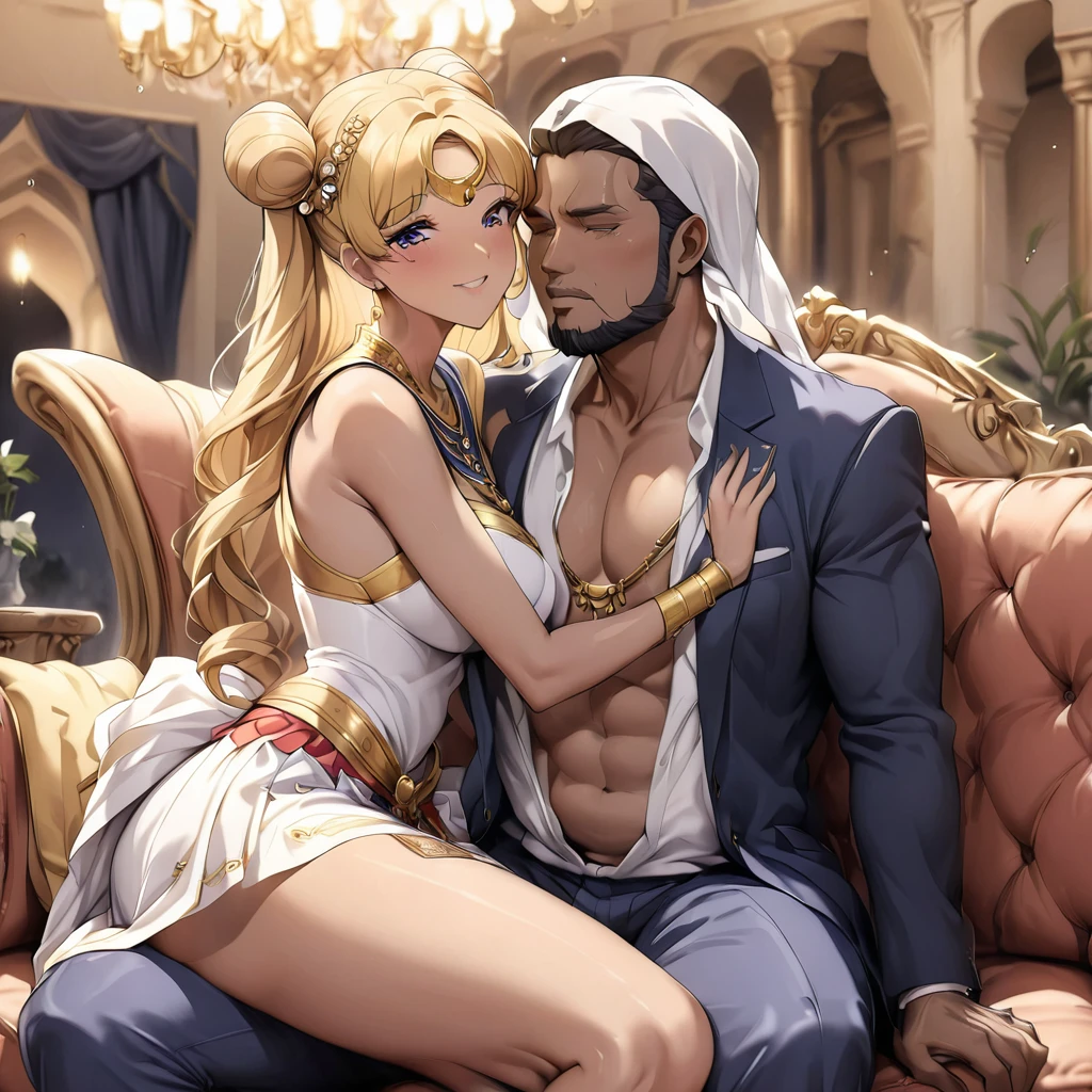 ((Highest quality)), ((masterpiece)), (detailed), (Perfect Face)、The woman is a Muslim Egyptian named Tsukino Usagi with vivid brown skin. She is wearing a gorgeous, glittering Egyptian traditional dress with gold embroidery, a gorgeous hijab, gorgeous jeweled accessories and an engagement ring in a luxurious Egyptian mansion. The woman and the man are sitting on a luxurious, large sofa in the luxurious room, and the woman is embracing and kissing the dignified, bearded middle-aged man wearing Egyptian traditional dress, making love to each other.、The woman is the elegant Tsukino Usagi, with long blonde hair in a chignon twin tail, and is a Muslim Egyptian with bright brown skin and wearing an Egyptian costume and a gorgeous hijab.、(The woman is the dark-skinned Egyptian Tsukino Usagi.)、The man is a dignified, muscular, bearded, middle-aged Egyptian Muslim man wearing traditional Egyptian clothing.