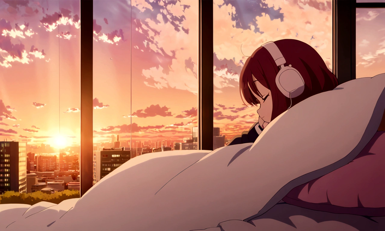 lofi,music,home,girl,headphone, cel anime,sunset,tokyo,Altocumulus,brownred hair,sleep,white bed,simple home,rolling cat,earring,good sleep