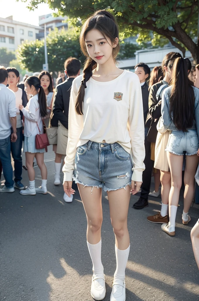 (((best quality))),(((ultra detailed))),(((masterpiece))),illustration,((1 beautiful girl,solo)),((slim,thin)),((small breasts,flat chest)), outside school gate, summer twilight, sunlight,(short ponytail:1.3),((white long-sleeved shirt)),(clavicalis:1.3),((denim shorts,slender legs,white socks,slippers)),animated face, excited eyes, sounds of laughter, chatter, excitement of summer vacation, air filled with energy, school gate golden glow, symbol of end of academic year, schoolyard transformed, reunion, farewells, embracing setting sun, face illuminated, moment captured, fleeting instant, essence of summer, carefree spirit, youthful exuberance, embodiment of season, sun dips, rosy glow, joy of living,promise of adventures,((standing,from front,full body)),(surrounded by crowded crowds:1.3)