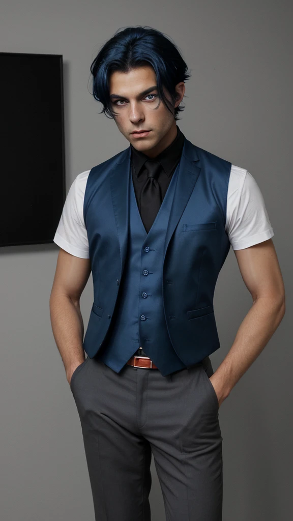 skin dark salmon, short hair, shirt international klein blue, black eyes, full body, male focus, vest, international klein blue hair,