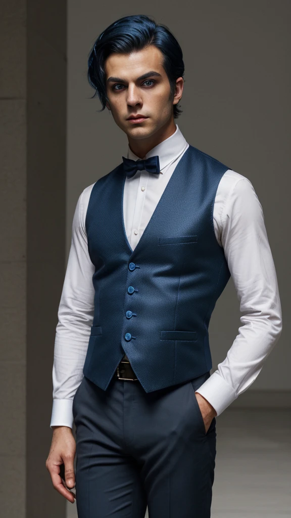 skin dark salmon, short hair, shirt international klein blue, black eyes, full body, male focus, vest, international klein blue hair,