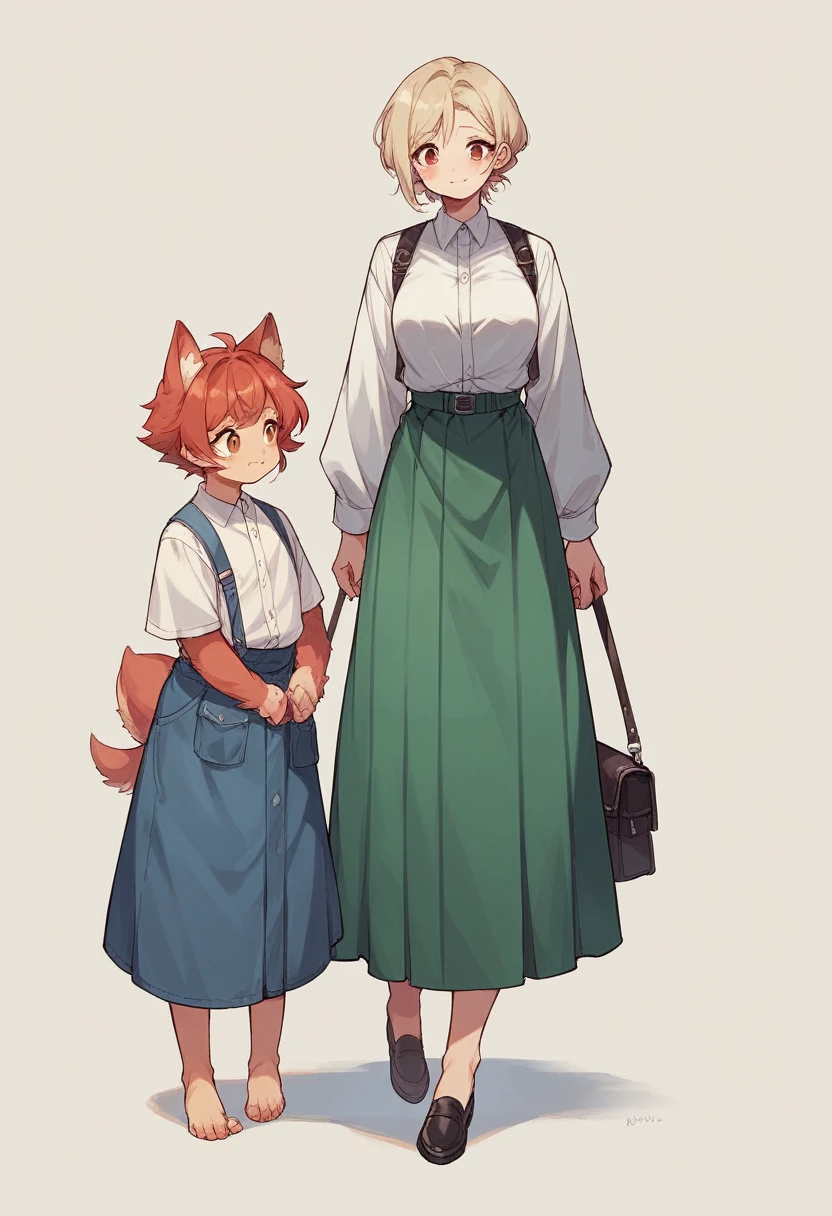 A girl in a white shirt uniform、Red check pattern fluffy flare long skirt、barefoot、cute leather shoes、A three-person idol unit with a height difference